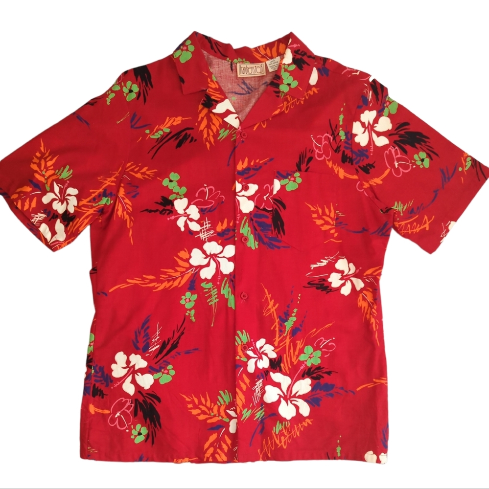 Frankenstein Hawaiian floral button up shirt, men's large, vintage sz large